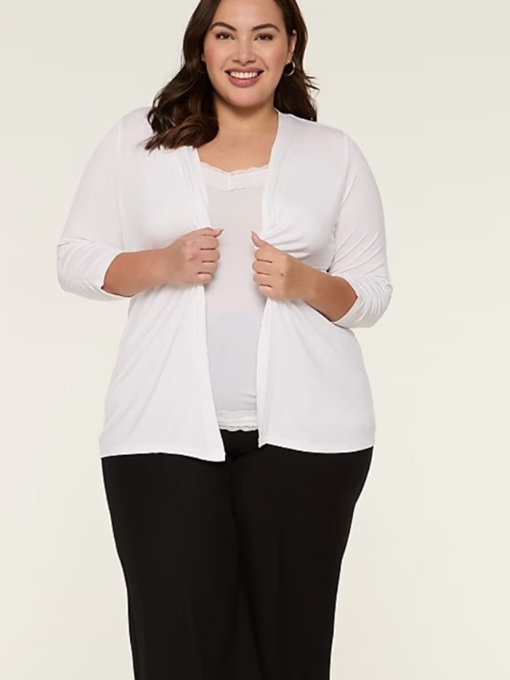 Lane Bryant White Runched-Sleeve Draped Open Cardigan